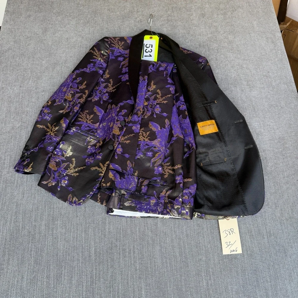 Alberto Nardoni 2-Piece Suit Set Tuxedo Jacket & Pants Men 38R/32W Purple Floral